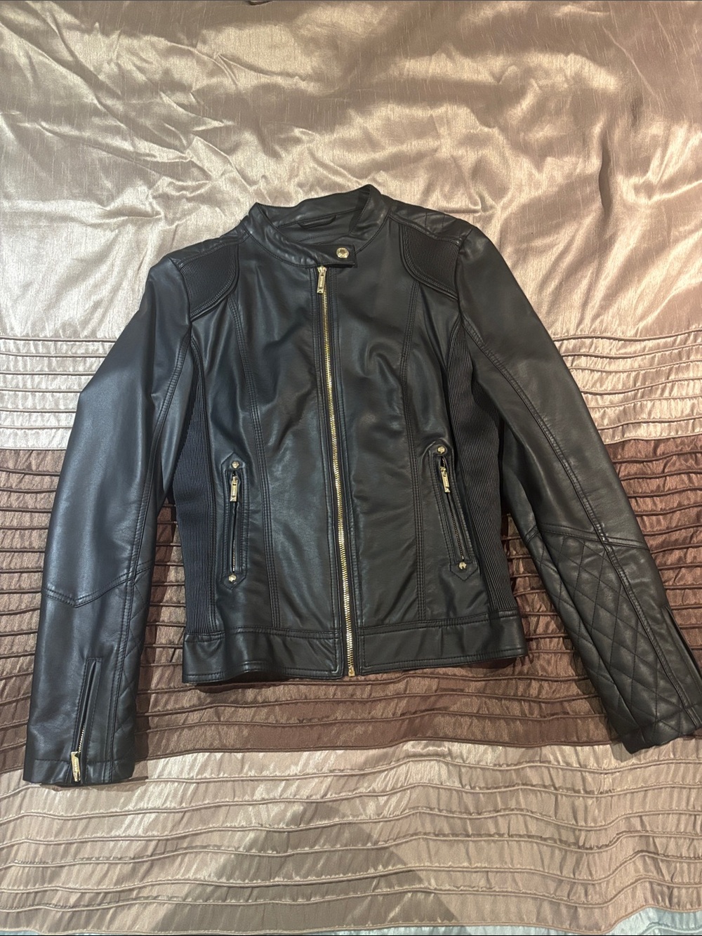 Guess Black Quilted-Sleeve Faux Leather Moto Jacket